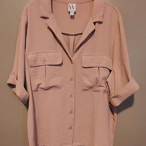 Worthington Button Down Women's Camp Shirt W/Chest Flap Pockets, Beige, Size XXL